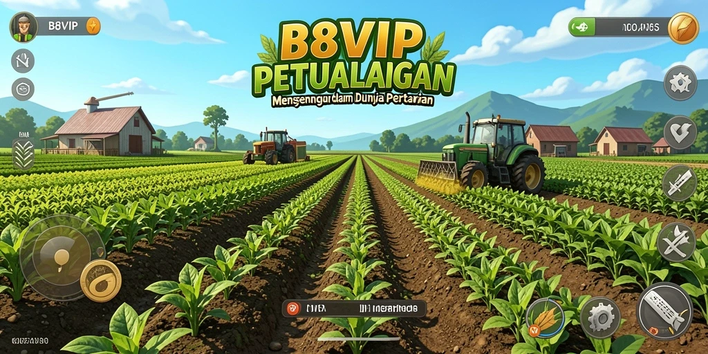 Screenshot menunjukkan aktivitas seru di B8VIP dengan latar pertanian.