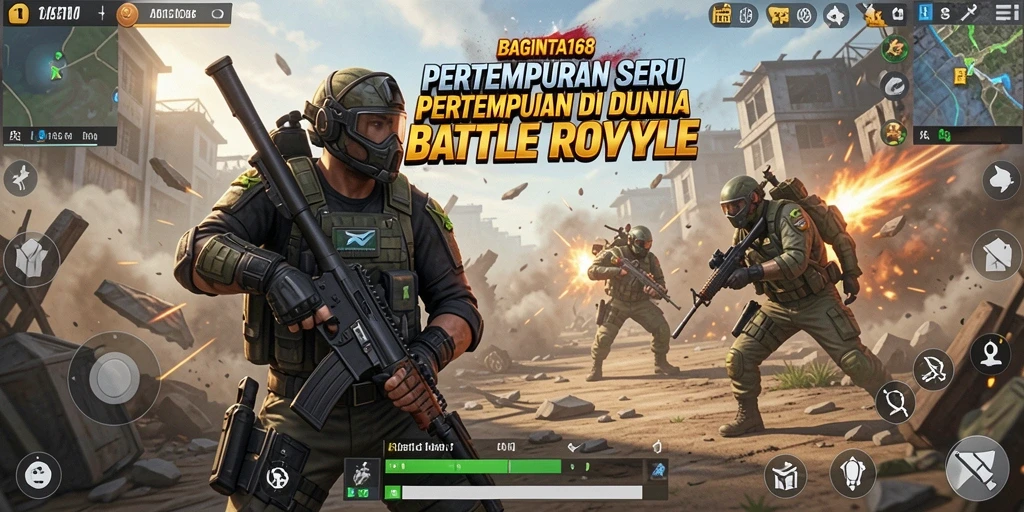 Gambar menampilkan aksi seru dalam pertempuran Battle Royale.