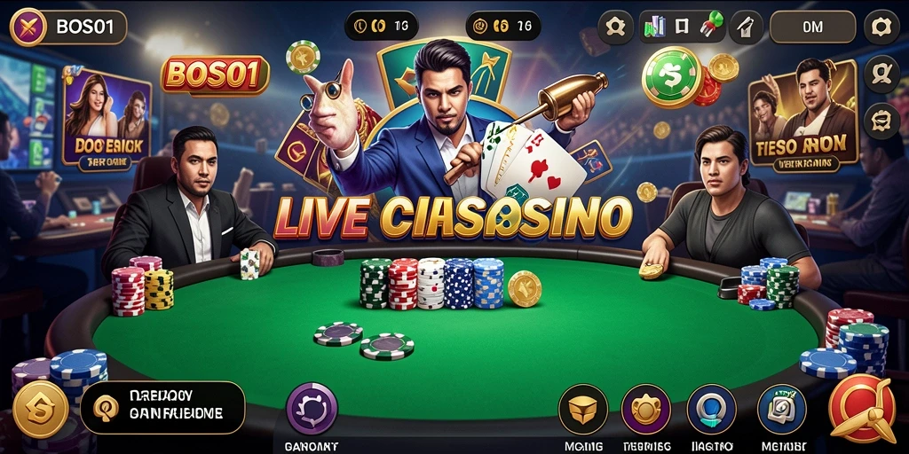 Screenshot gameplay Live Casino dengan dealer langsung dan pemain interaktif.