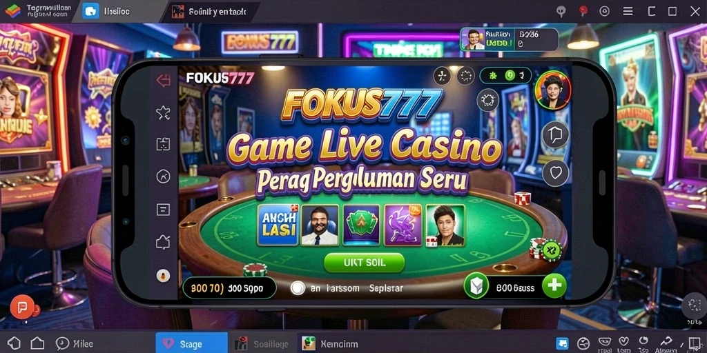 Screenshot gameplay FOKUS777 menunjukkan dealer dan meja permainan yang menarik.