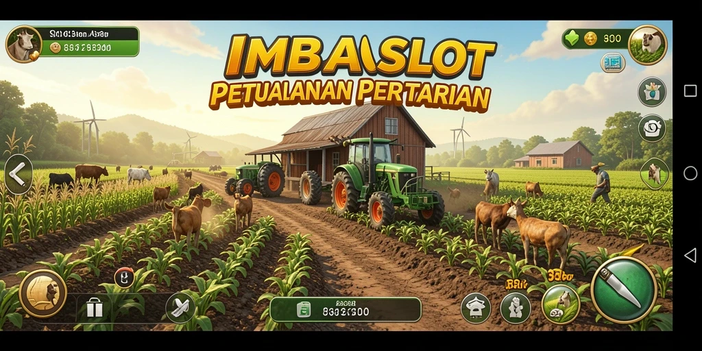 Screenshot gameplay IMBASLOT yang menampilkan ladang yang subur dan aktivitas bertani.