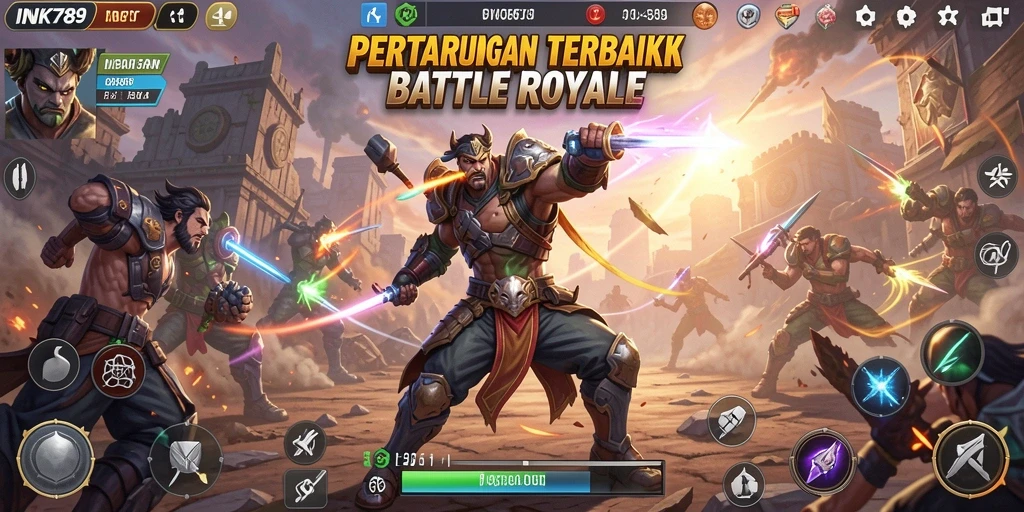 Screenshot utama INK789 memperlihatkan aksi seru dan strategi pertempuran Battle Royale.