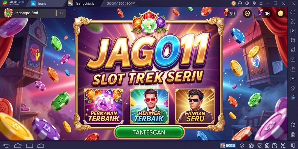 Screenshot utama JAGO11 menampilkan gulungan Slot yang berkilau dan penuh warna.