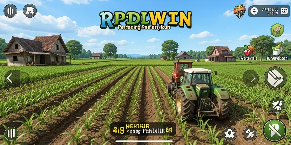 Screenshot gameplay RPIDWIN menunjukkan ladang yang subur dan interaksi dengan hewan.
