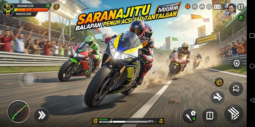 Tampilan gameplay yang menegangkan di SARANAJITU saat balapan motor.