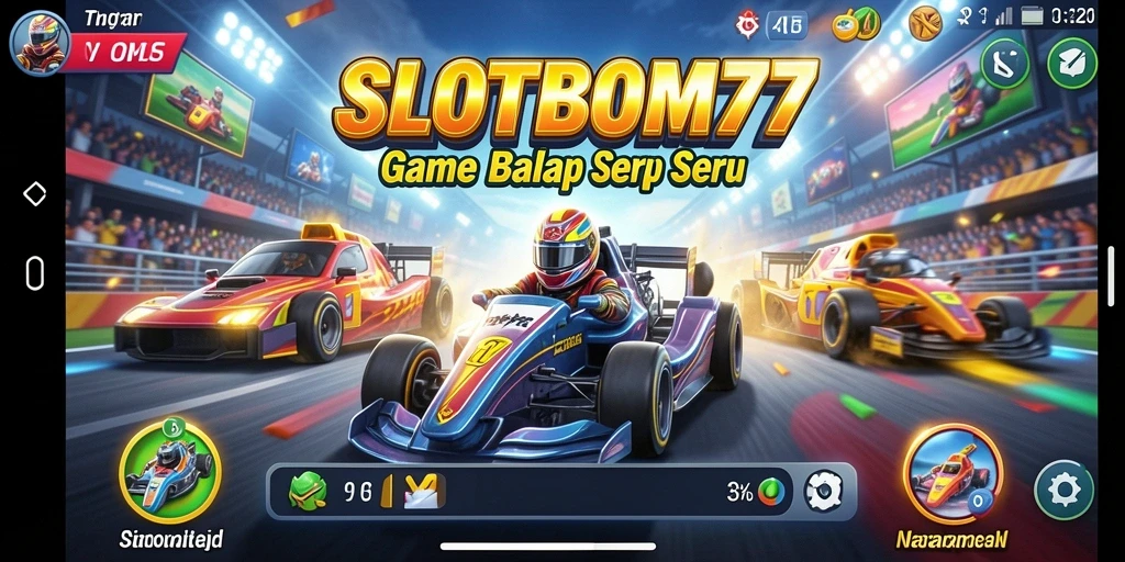 Tampilan gameplay menegangkan di SLOTBOM77 dengan mobil balap cepat.
